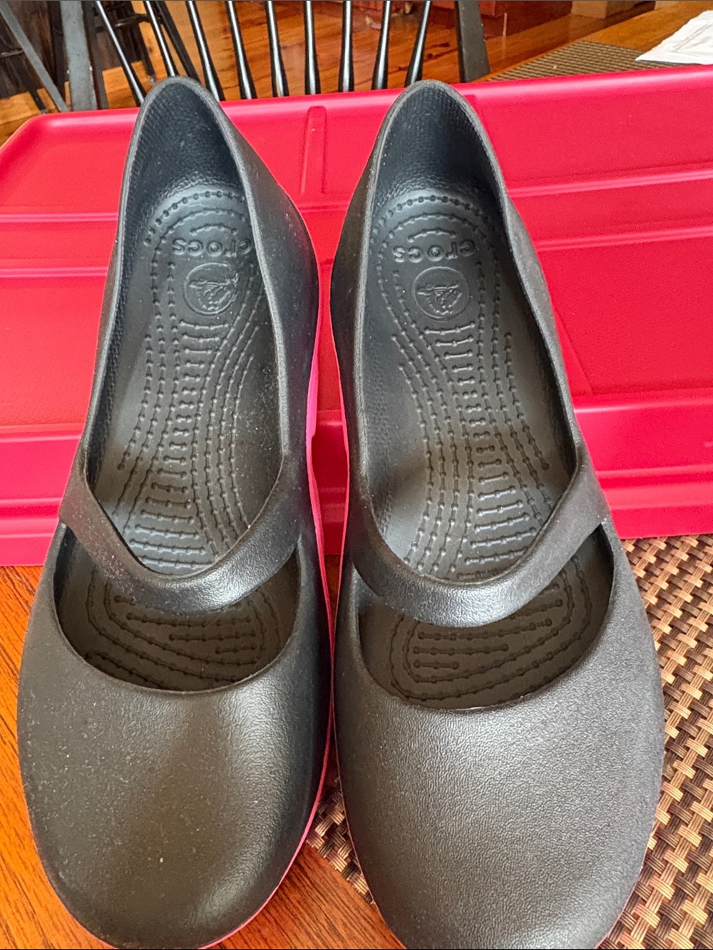 CROCS Black Flats with Pink Accents — Mary Jane Style